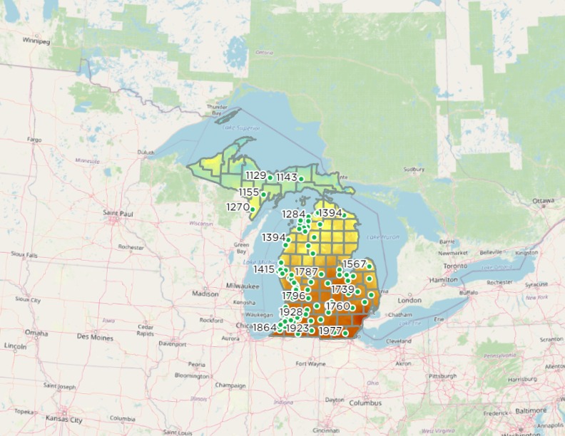 Map of Michigan showing cumulative growing degree-days.